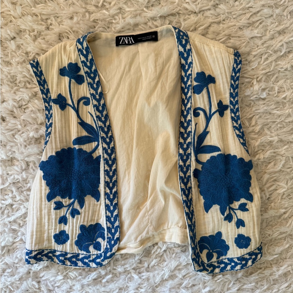 Zara Ivory and Navy Embroidered Vest